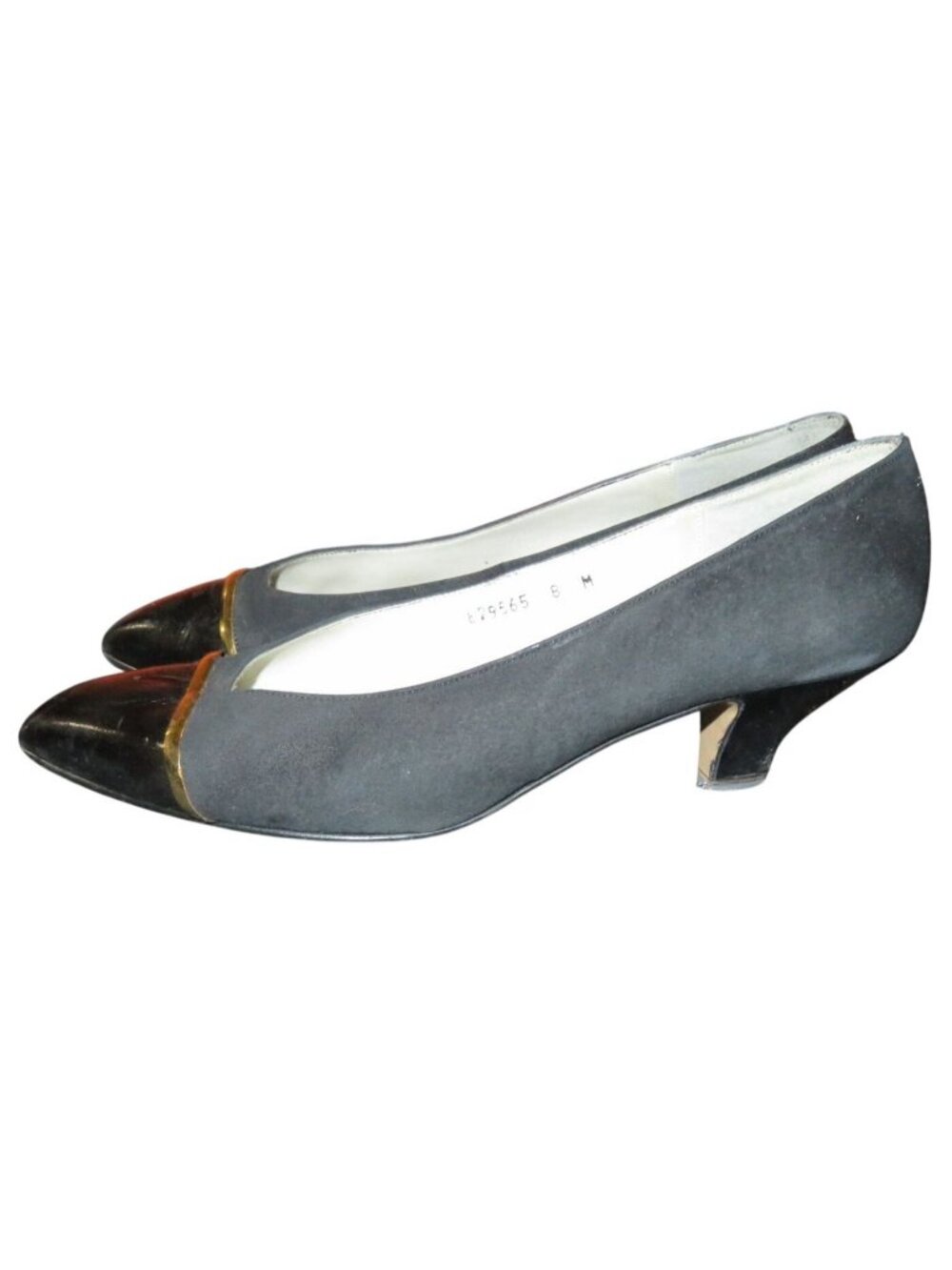 Caressa Vintage Black Suede & Patent Leather Cap Toe Kitten Heeled Pumps size 8